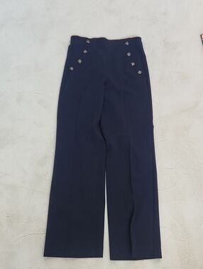 Express Navy High-Rise Wide-Leg Pants with Decorative Buttons